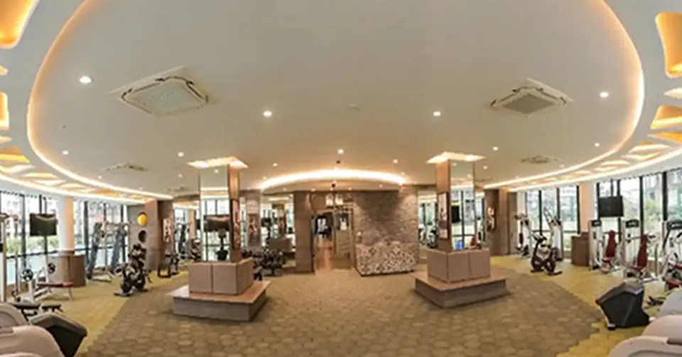 Living room with orange sofa and wooden partition