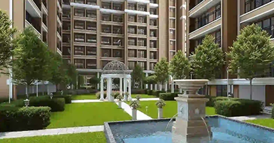 Elegant living room with blue ottoman